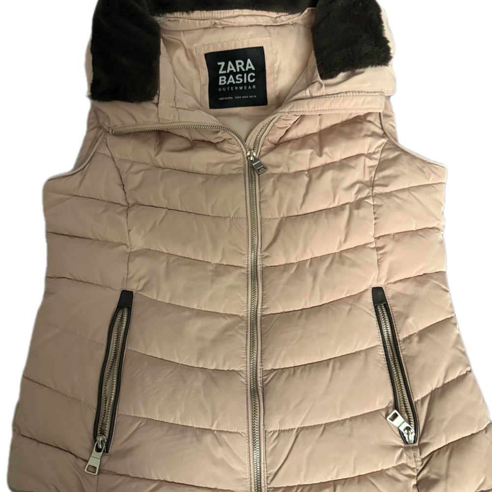 Zara Pink Quilted Puffer Vest with Dark Faux-Fur Collar